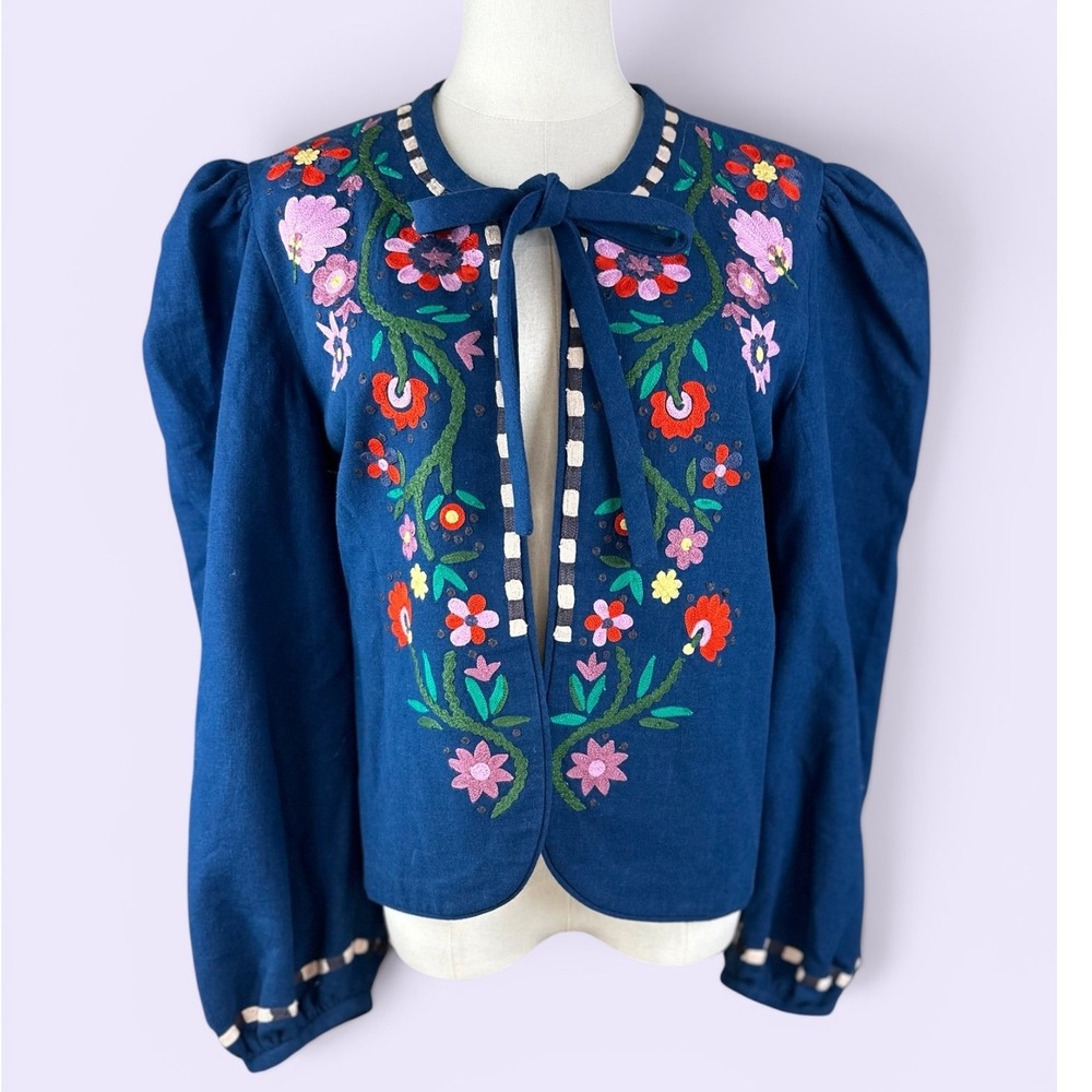 Alix of Bohemia Cabana Jacket Size Large Blue Floral Embroidered Linen Tie Front - Picture 3 of 12